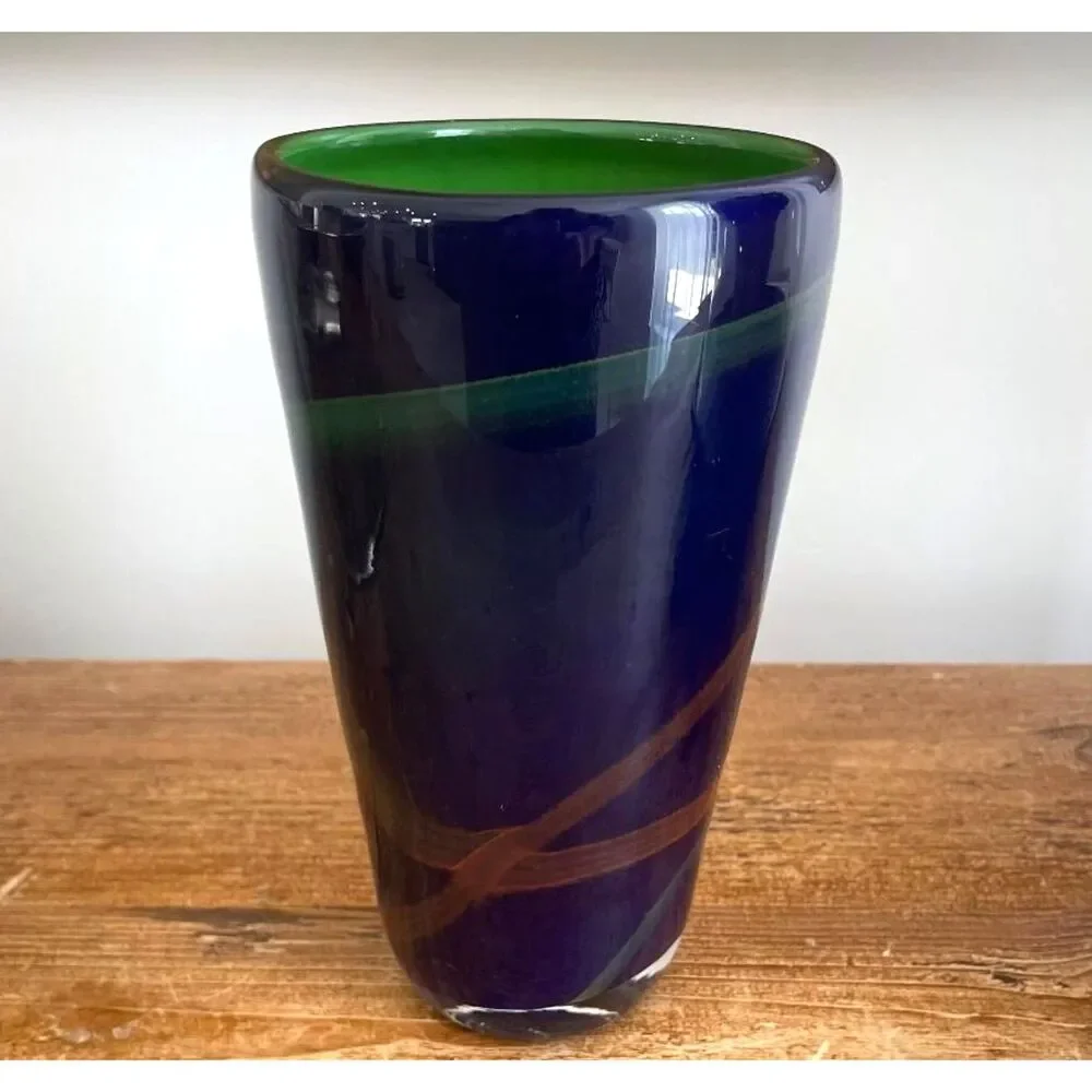 Vintage Soholm Danmark Blue Glass Vase with Cross Ribbon Accents